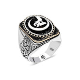Silver Crescent Grey Wolf Oval Men's Ring